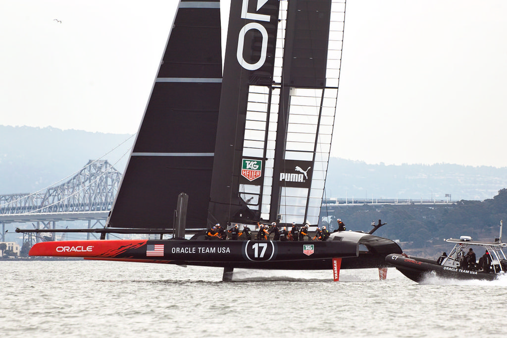 Oracle gains speed and height as they accelerate upwind. - America's Cup © Chuck Lantz http://www.ChuckLantz.com