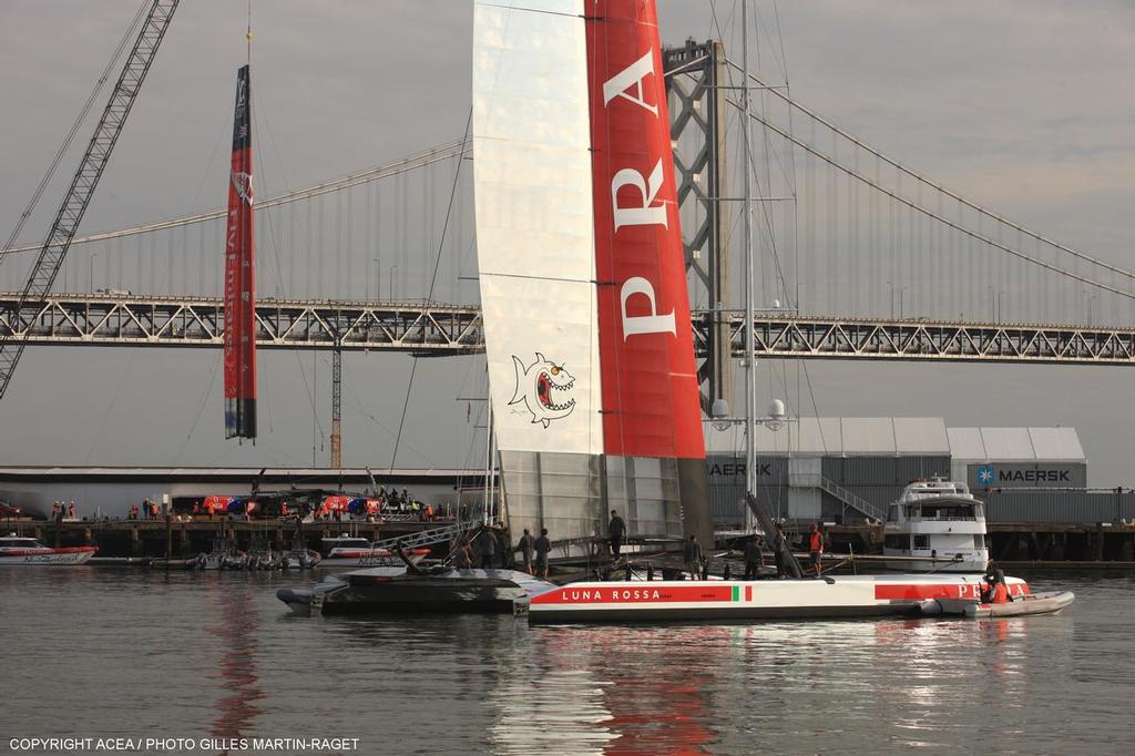 Luna Rossa is believed to have had issues launching and hitting the sea bed with ther rudders -Louis Vuitton Cup - Race Day 10 - Emirates Team New Zealand vs Luna Rossa photo copyright ACEA - Photo Gilles Martin-Raget http://photo.americascup.com/ taken at  and featuring the  class