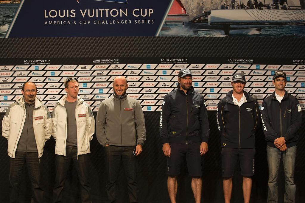 02/08/2013 - San Francisco (USA,CA) - 34th America's Cup - Louis Vuitton Cup - Semi- finals - Media Briefing  - l. to . r : Giorgio Provinciali, Chris Draper, Max Sirena, Ian Percy, Nathan Outteridge, Adam May. photo copyright ACEA - Photo Gilles Martin-Raget http://photo.americascup.com/ taken at  and featuring the  class