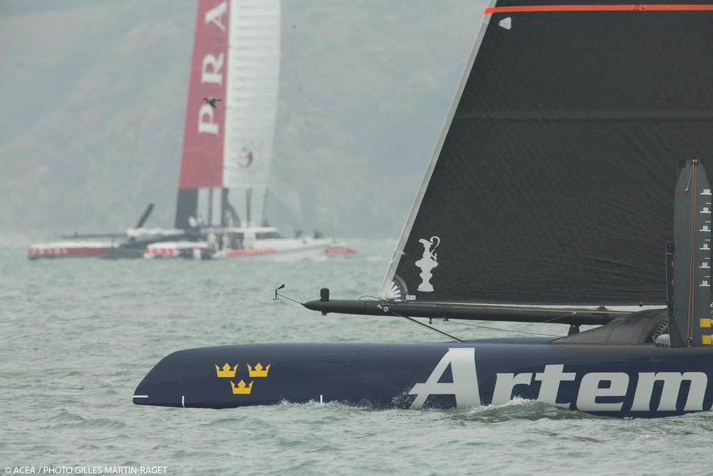 Artemis Racing training with Semi-Finas opponent Luna Rossa in the background - San Francisco, July 31, 2013 photo copyright ACEA - Photo Gilles Martin-Raget http://photo.americascup.com/ taken at  and featuring the  class