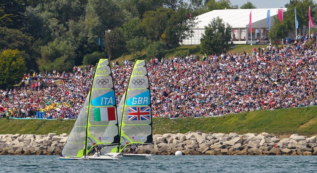 Sailing in front of the crowns on the Nothe racecourse at Weymouth 2012 Olypmics © Richard Langdon/British Sailing Team