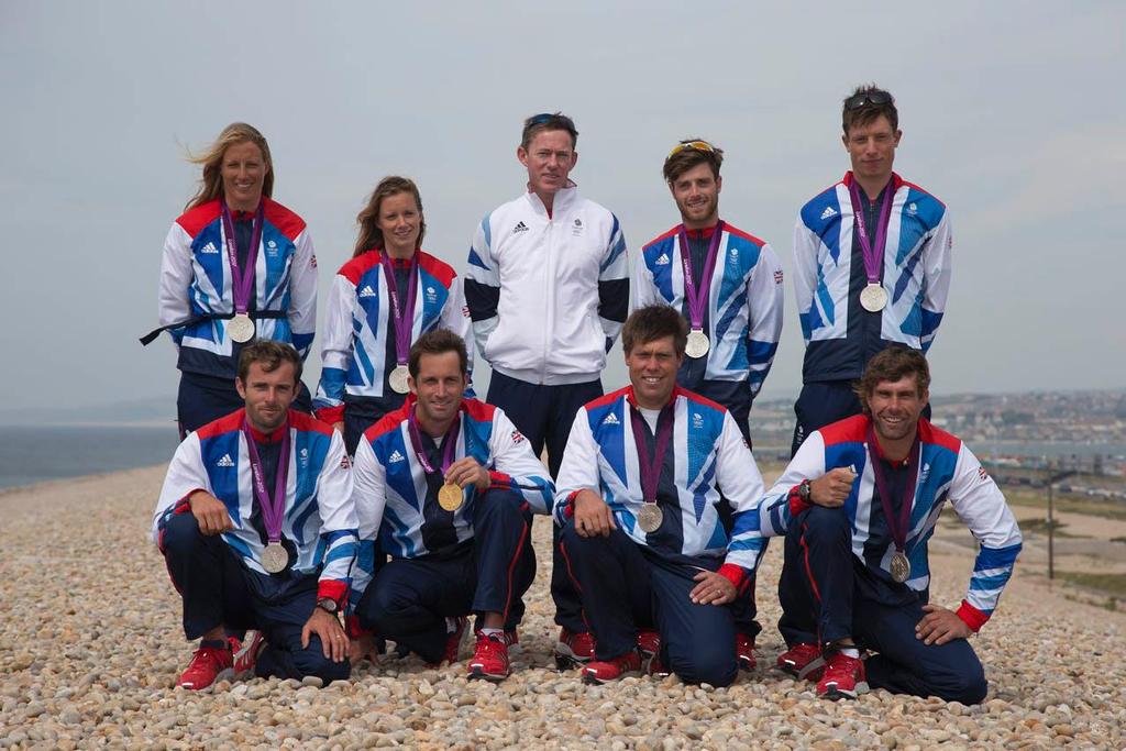 RYA Olympic Manager Stephen Park with the 2012 Olympic sailing medallists (back l to r) Saskia Clark, Hannah Mills, Luke Patience, Stuart Bithell (front l to r) Nick Dempsey, Ben Ainslie, Andrew Simpson and Iain Percy ©  Richard Langdon http://www.oceanimages.co.uk