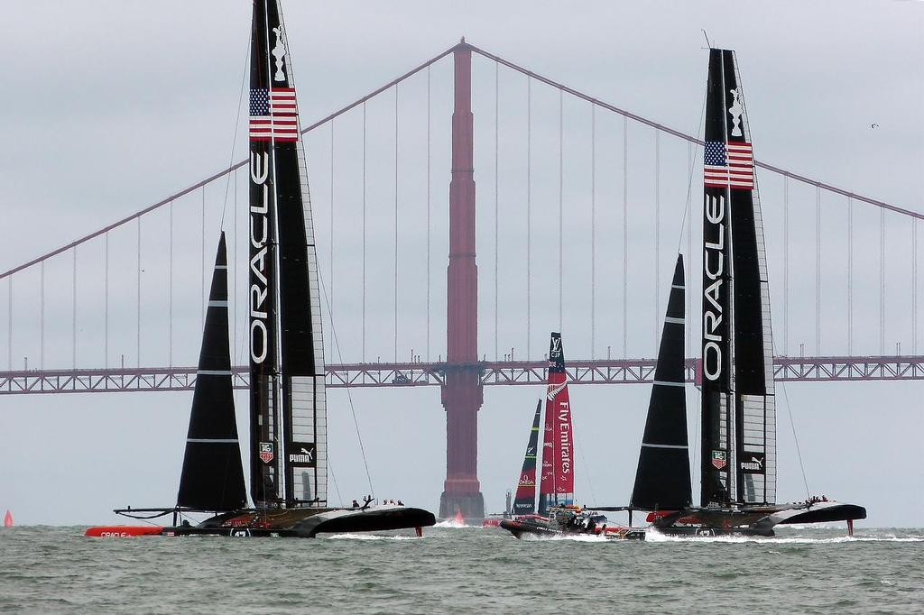 The Oracles and Emirates Team NZ - AC72 Race Practice - San Francisco, July 17, 2013 photo copyright John Navas  taken at  and featuring the  class