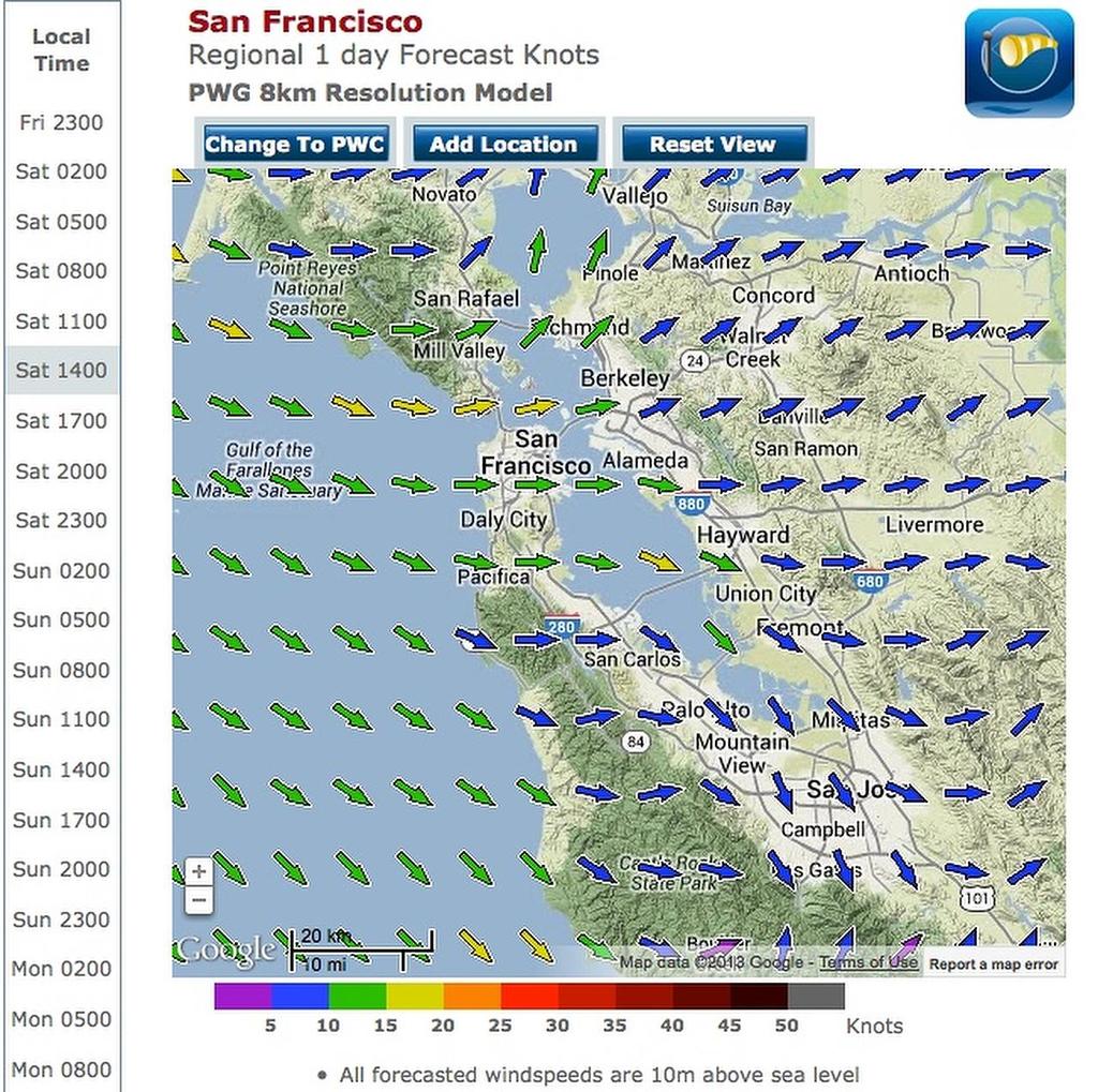 Wind forecast for R2, Race 1 of the Louis Vuitton Cup, July 13, 2013. the wind scale is at the bottom of the graphic showing breezes in the 15-20kts range photo copyright PredictWind.com www.predictwind.com taken at  and featuring the  class
