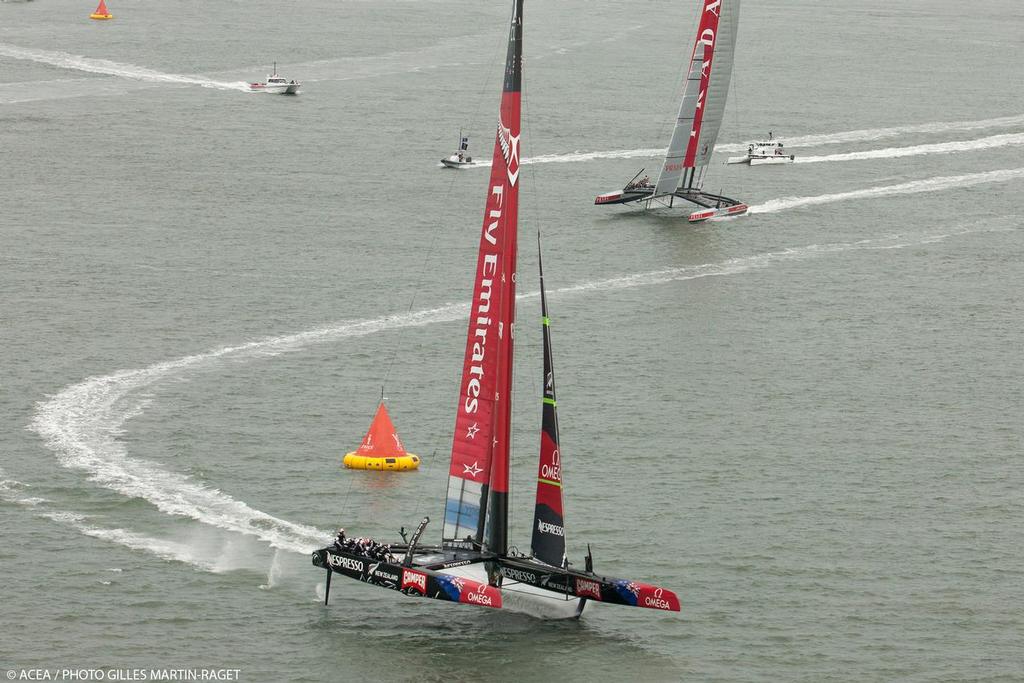 Emirates Team NZ leads around Mark 1- Race Day 10 Louis Vuitton Cup, Round Robin 4, Race 1, July 23, 2013 photo copyright ACEA - Photo Gilles Martin-Raget http://photo.americascup.com/ taken at  and featuring the  class