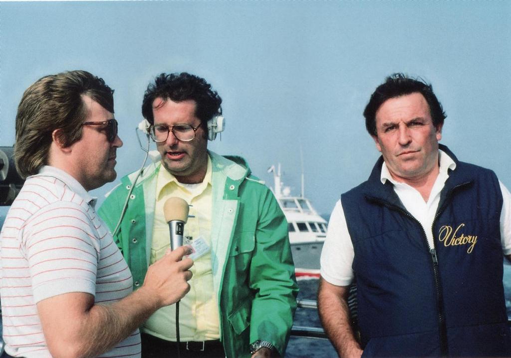 Commentators Stan Zemanek, Brian Wallin and Bob Fisher observe Race 5 of the 1983 America’s Cup as Australia II leads - photo © Paul Darling Photography Maritime Productions www.sail-world.com/nz