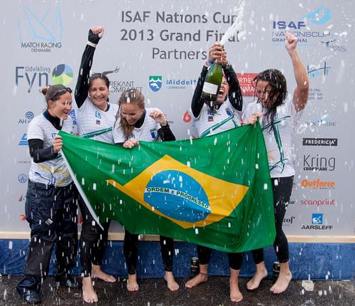 Brazil’s young crew of: Juliana Senfft, the skipper; Marina Jardim, mainsail/tactician; Luciana Kopschitz, pit; Gabriela Nicolino, trimmer/tactics and Larissa Juk, bow, won the Brazilâ€™s first Nations Cup in either the Open or Women’s event. © Jess Anderson http://www.m-r-d.dk