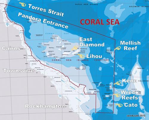Coral Sea showing the reefs and islets explored. - Exploring the Coral Sea  © Jack Binder