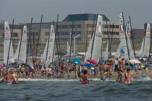 The boats stayed on the beach, while the swimmers were in the water - 2013 Nacra 17 World Championship photo copyright Laurens Morel taken at  and featuring the  class