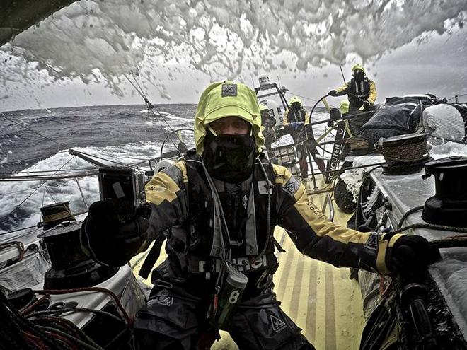 March 29,2015. Leg 5 to Itajai onboard Team Brunel. Day 11. Rokas Milevicius taking a selfie on deck. © Stefan Coppers/Team Brunel