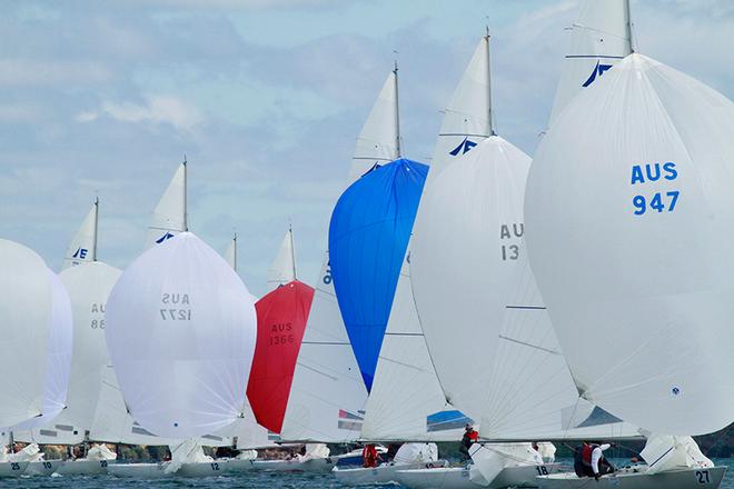 Magpie leads the fleet down under spinnaker in Race Three. - 2015 Etchells Victorian State Championship © Teri Dodds http://www.teridodds.com