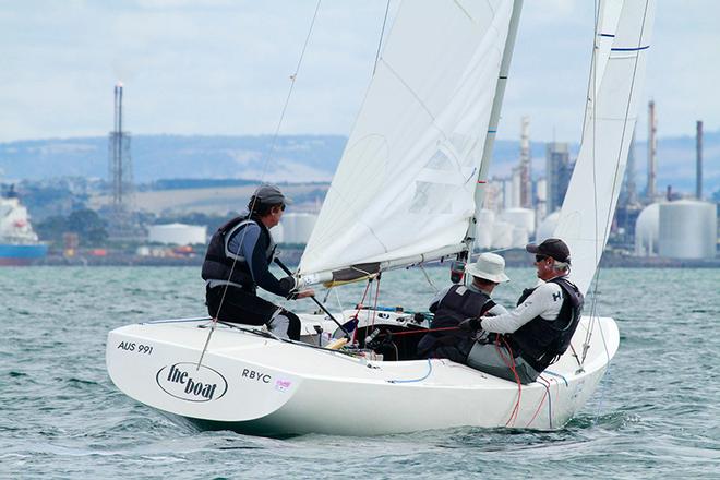 Jake Gunther, John Collingwood and Stuart Skeggs (looking forward) on, The Boat. - 2015 Etchells Victorian State Championship © Teri Dodds http://www.teridodds.com