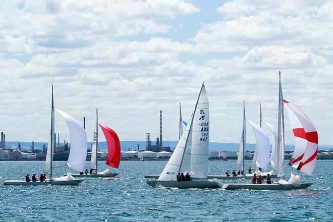 Commanding lead, Magpie (AUS 947) heads back uphill as fleet comes down under spinnaker. - 2015 Etchells Victorian State Championship © Teri Dodds http://www.teridodds.com