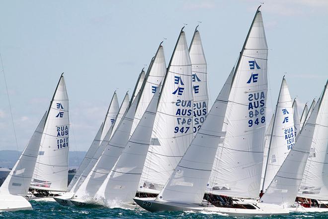 Fresh breezes meant the wall of Etchells at a start were all at full speed. - 2015 Etchells Victorian State Championship © Teri Dodds http://www.teridodds.com