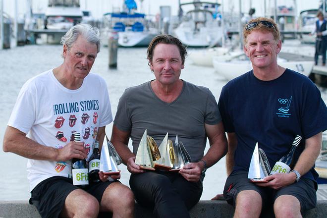 Doing a great job at the regatta meant The Boat took home plenty of loot. John Collingwood, Jake Gunther and Stuart Skeggs. - 2015 Etchells Victorian State Championship © Teri Dodds http://www.teridodds.com