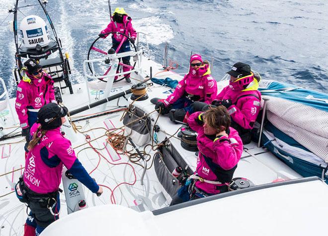 March 26,2015. Leg 5 to Itajai onboard Team SCA. Day 8. Crew on deck early morning. © Anna-Lena Elled/Team SCA