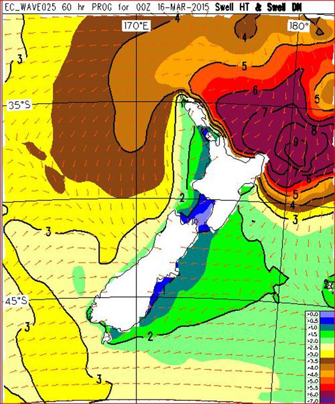 Swell forecast from the ECMWF for noon on Monday, height in metres. © MetService