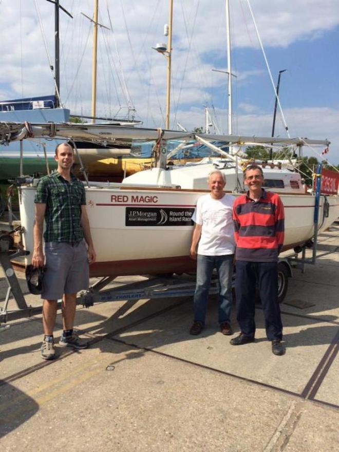 David Lewin, centre, with his crew and son-in-law Will Stringer (left) and 'the oldest foredeck in Burnham, Steve Bratt - Round the Island Race © Island Sailing Club