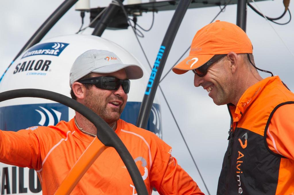Skipper Charlie Enright (left) chats with Stu Bannatyne - Team Alvimedica Practice Race, Volvo Ocean Race Auckland ©  Amory Ross / Team Alvimedica