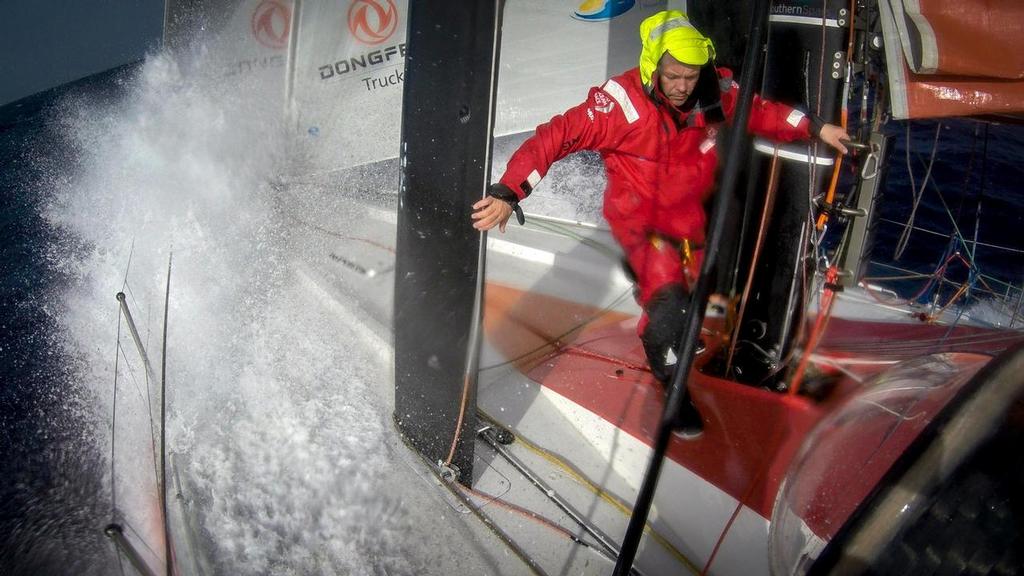 March 28, 2015. Leg 5 onboard Dongfeng Race Team. Still some good action on foredeck for bowman Kevin Escoffier photo copyright Yann Riou / Dongfeng Race Team taken at  and featuring the  class
