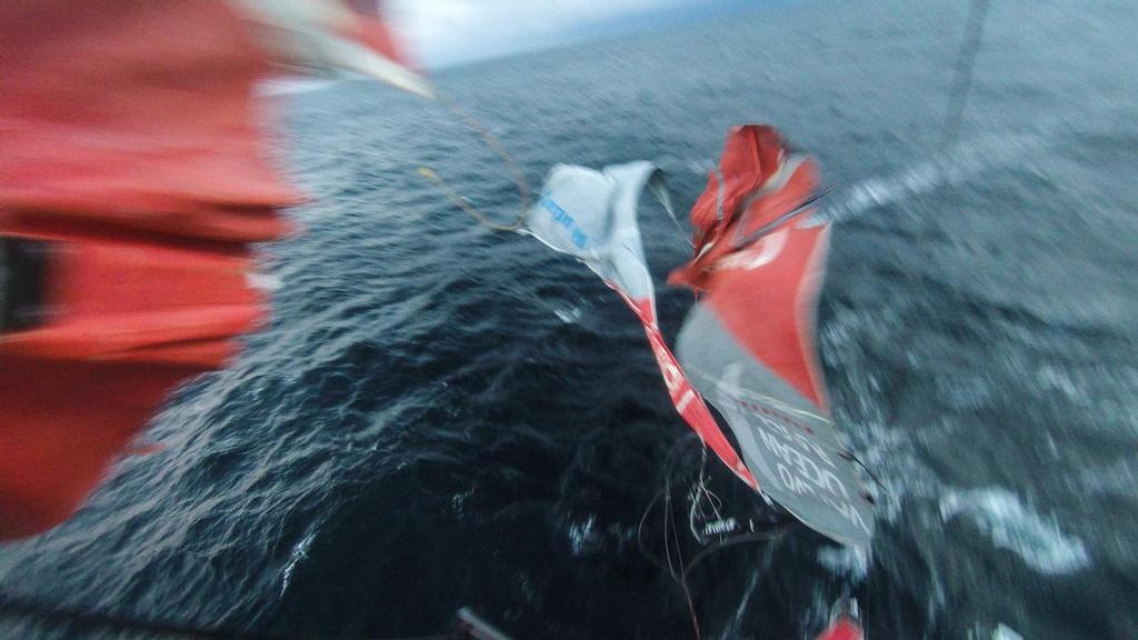 March 31, 2015. Leg 5 onboard Dongfeng Race Team. The broken part off the mast is taken out as the team enters the Beagle channel on its way to Ushuaia. © Yann Riou / Dongfeng Race Team
