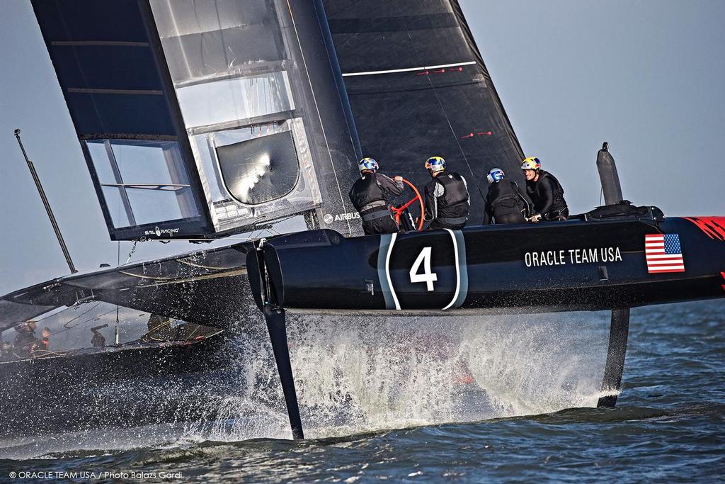 Oracle Team USA training on its new foiling AC45S in San Francisco, United States on February 19, 2015. photo copyright Oracle Team USA/Balazs Gardi http://www.oracleteamusa.com taken at  and featuring the  class