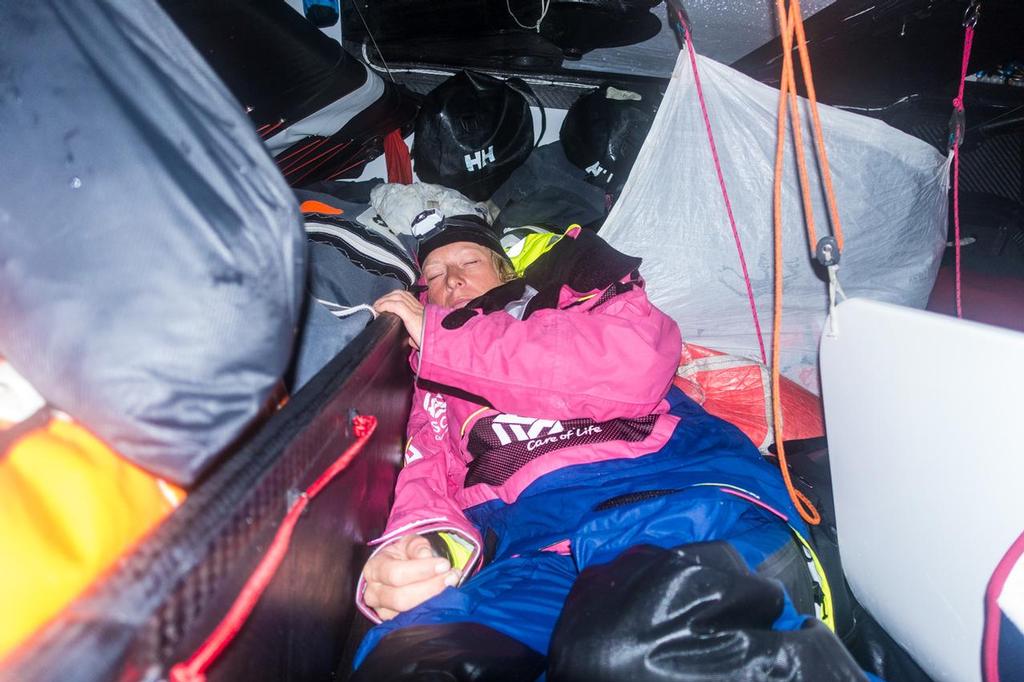 March 30, 2015. Leg 5 to Itajai onboard Team SCA. Day 12. Elodie Mettraux is standing by in case of a quick reef or peel due to the strong cloud activity. © Anna-Lena Elled/Team SCA