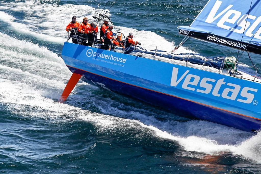 The VO65 heels significantly more than the VO70 to get form stability -  Team Vestas Wind approaches land in fourth place for Leg 1 from Alicante to Cape Town. photo copyright  Ainhoa Sanchez/Volvo Ocean Race taken at  and featuring the  class