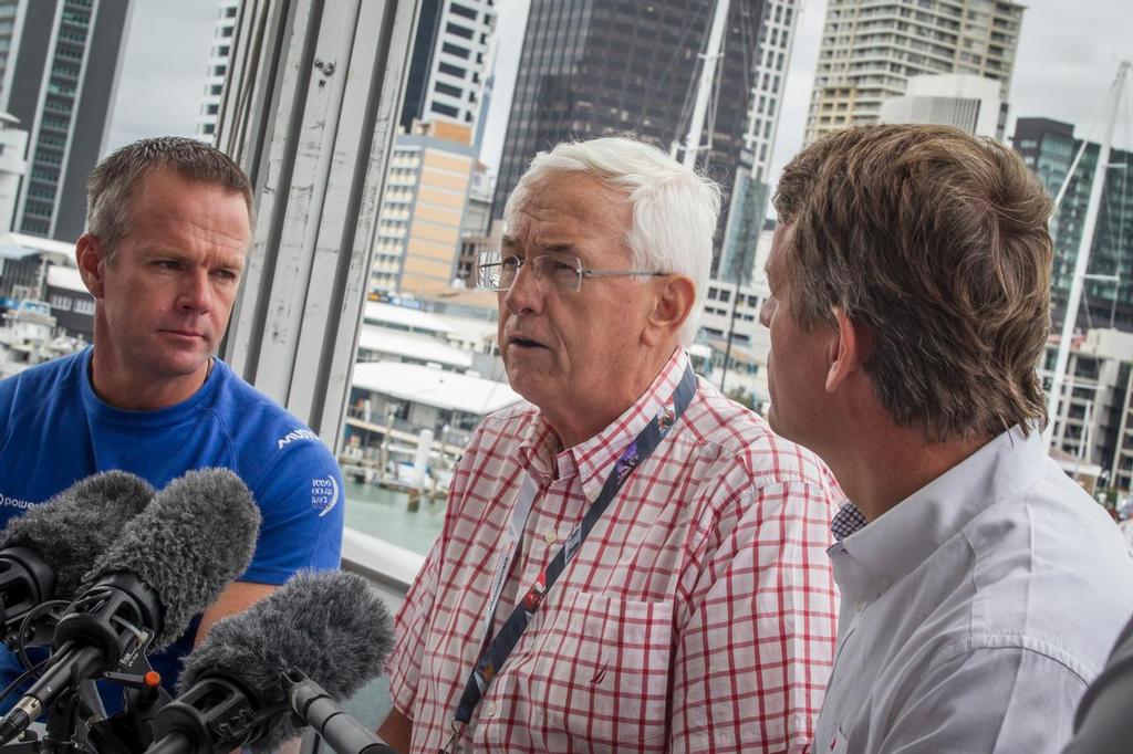 March 09, 2015. Team Vestas Wind's Chris Nicholson, Volvo Ocean Race CEO Knut Frostad and author of the report Chris Oxenbould face the world's media in Auckland photo copyright  Ainhoa Sanchez/Volvo Ocean Race taken at  and featuring the  class