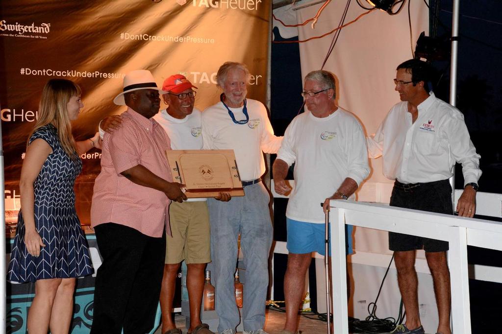 L to R: Elodie Thellier, regional sales director for TAG Heuer; U.S. Virgin Islands’ Governor Kenneth E Mapp; Nauticayenne crew: Tony Sanpere, Jim Kerr and Dave Flaherty; St. Thomas Yacht Club commodore, JP Montegut. Sanpere, Kerr and Flaherty hope to represent the USVI in the Paralympics Games in 2016. photo copyright Dean Barnes taken at  and featuring the  class