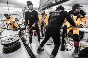 March 27,2015. Leg 5 to Itajai onboard Abu Dhabi Ocean Racing. Day 09. 8 degrees -- no problem. Gybing in whatever protection you have. Phil Harmer,Daryl Wislang,Louis Sinclair,Simon ``SiFi`` Fisher. photo copyright Matt Knighton/Abu Dhabi Ocean Racing taken at  and featuring the  class