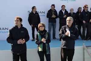 Christening of the new Imoca category ship Safran 2, skipper Morgan Lagraviere, by godmother Catherine Maunoury and Safran CEO Jean Paul Herteman - Lorient, March 7, 2015 photo copyright François Van Malleghem taken at  and featuring the  class