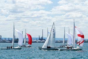 Commanding lead, Magpie (AUS 947) heads back uphill as fleet comes down under spinnaker. - 2015 Etchells Victorian State Championship photo copyright Teri Dodds http://www.teridodds.com taken at  and featuring the  class