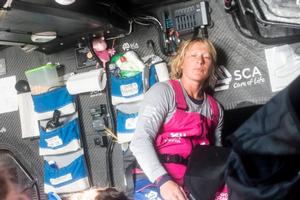 Onboard Team SCA - Abby Ehler just had a late lunch,preparing for next watch - Leg five to Itajai - Volvo Ocean Race 2015 photo copyright Anna-Lena Elled/Team SCA taken at  and featuring the  class
