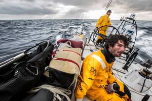Onboard Abu Dhabi Ocean Racing - Louis Sinclair and skipper Ian Walker guide Azzam through the light breeze as the sun sets behind in the Southern Ocean - Leg five to Itajai -  Volvo Ocean Race 2015 photo copyright Matt Knighton/Abu Dhabi Ocean Racing taken at  and featuring the  class