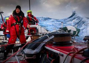 Onboard Dongfeng Race Team - Martin Stromberg,Eric Peron and Liu Xue 'Black' on watch with Southern Ocean waves in the background - Volvo Ocean Race 2015 photo copyright Yann Riou / Dongfeng Race Team taken at  and featuring the  class