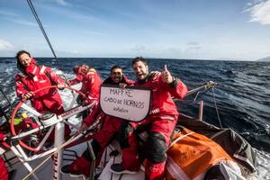 Onboard MAPFRE - Skipper Iker Martinez, Willy Altadill, and OBR Francisco Vignale celebrate the rounding of Cape Horn - Volvo Ocean Race 2015 photo copyright Francisco Vignale/Mapfre/Volvo Ocean Race taken at  and featuring the  class