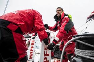 Onboard MAPFRE - Willy Altadill pushing hard on the grinder taking out a reef from the main - Leg five to Itajai -  Volvo Ocean Race 2015 photo copyright Francisco Vignale/Mapfre/Volvo Ocean Race taken at  and featuring the  class