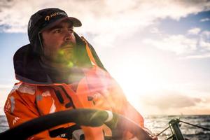 Onboard Team Alvimedica - Charlie Enright on the helm with Mapfre just visible in the distance - Leg five to Itajai -  Volvo Ocean Race 2015 photo copyright  Amory Ross / Team Alvimedica taken at  and featuring the  class