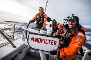 Onboard Team Alvimedica - Dave Swete holding a #nofilter sign with the rest of Alvimedica's on-deck crew supporting the good cause - Leg five to Itajai -  Volvo Ocean Race 2015 photo copyright  Amory Ross / Team Alvimedica taken at  and featuring the  class