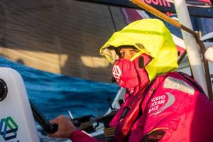 Onboard Team SCA - Sophie Ciszek in a full wet weather gear - Leg five to Itajai -  Volvo Ocean Race 2015 photo copyright Anna-Lena Elled/Team SCA taken at  and featuring the  class