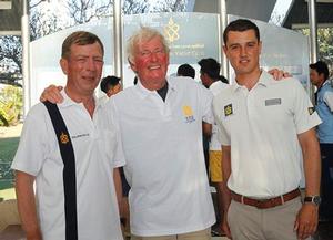 'Varuna Legend' Malcolm Humphreys (centre) with Chris Dando, RVYC Rear Commodore (left), and Jordan Rumsby, RVYC Sailing Director (right) - Thai Laser National Champs 2015 photo copyright Alberto Cassio taken at  and featuring the  class