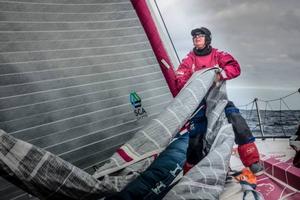 Onboard Team SCA - It's been a long day for the crew with many manoeuvres and sail changes. Stacey Jackson at the bow - Leg five to Itajai -  Volvo Ocean Race 2015 photo copyright Anna-Lena Elled/Team SCA taken at  and featuring the  class