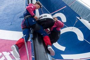 Onboard Team SCA - Sophie Ciszek and Liz Wardley mounting back the radar - Leg five to Itajai - Volvo Ocean Race 2015 photo copyright Anna-Lena Elled/Team SCA taken at  and featuring the  class