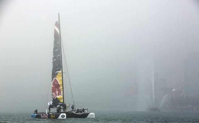 Red Bull Sailing Team in the fog that cancelled racing on the first day of Act 3 Qingdao - Extreme Sailing Series™ - Qingdao © Mark Lloyd http://www.lloyd-images.com
