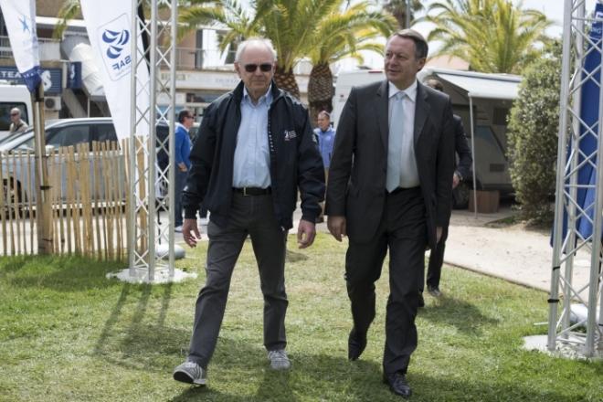 SWC 2015 - ISAF Sailing World Cup Hyeres<br />
Jean-Pierre Champion President of French Sailing Federation and Thierry Braillard Secretary of State (r) ©  Franck Socha / ISAF Sailing World Cup Hyeres http://swc.ffvoile.fr/