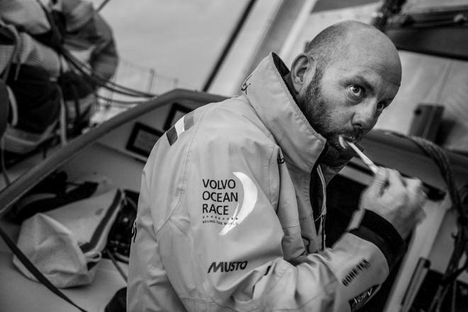 Leg six Newport onboard Abu Dhabi Ocean Racing. Day three. Skipper Ian Walker steals a minute on deck for some oral hygiene. - Volvo Ocean Race 2015 © Matt Knighton/Abu Dhabi Ocean Racing