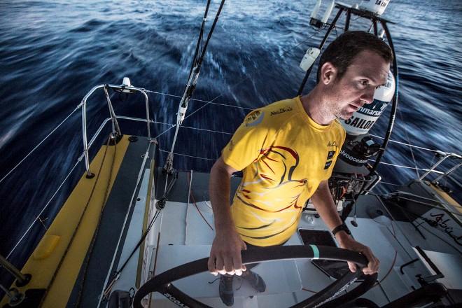 Leg six to Newport onboard Abu Dhabi Ocean Racing. Day five. Phil Harmer drives into the dark illuminated by the helm instruments. - Volvo Ocean Race 2015 © Matt Knighton/Abu Dhabi Ocean Racing