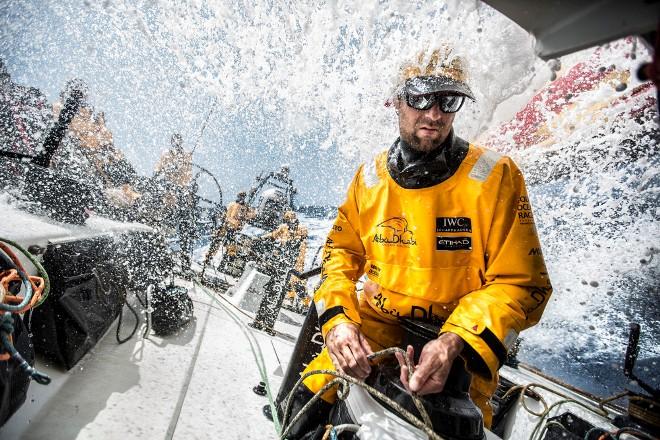 Leg six to Newport onboard Abu Dhabi Ocean Racing. Day 10. Daryl Wislang readies a reefing line as the spray is launched over his head. - Volvo Ocean Race 2015 © Matt Knighton/Abu Dhabi Ocean Racing