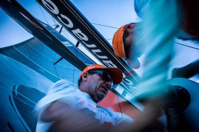 Onboard Team Alvimedica – Will Oxley (L) and Alberto Bolzan (R) grind, Nick Dana (top) up the rig for a regular maintenance checkup - Leg six to Newport – Volvo Ocean Race 2015 ©  Amory Ross / Team Alvimedica